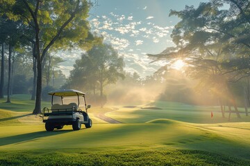 Fototapeta premium A golf cart is parked on a grassy field