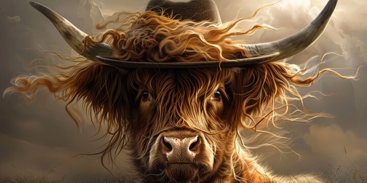 Illustration of a Scottish Highlander cow exuding beauty and strength locking eyes with the viewer as the wind gently ruffles her hair accentuated by a cowboy hat for a dash of Western allu