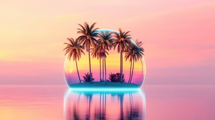 Obraz premium A serene island scene with palm trees under a colorful sunset, encapsulated in a translucent bubble, reflecting tranquility.