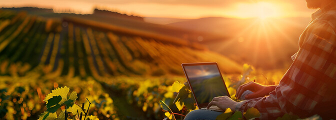 A woman engineer with her laptop walks past a harvested corn field as a landowner bales at sunset during harvesting, woman engineer, laptop, corn field, harvested, landowner, baling, sunset, harvesti 