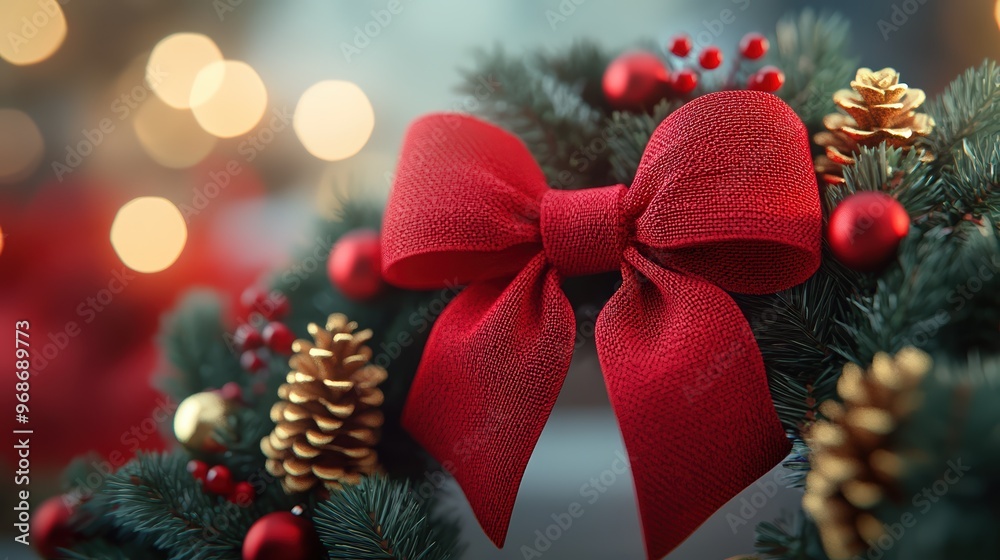 Wall mural a bright red ribbon tied into a bow with golden accents, resting on green pine garlands, festive che