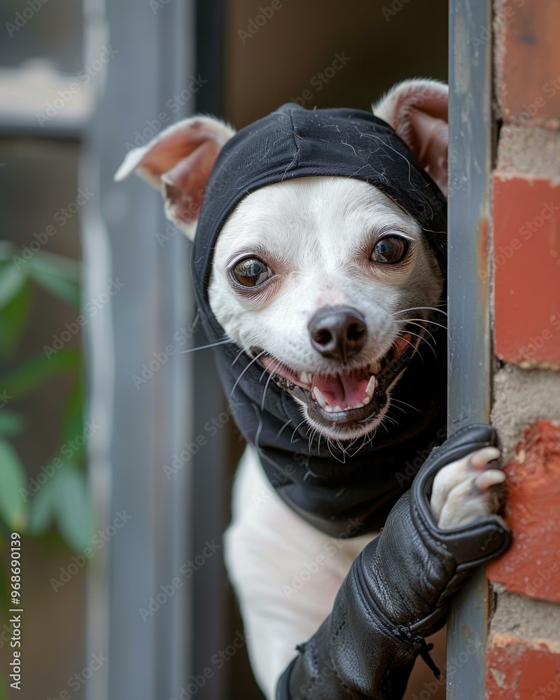 Canvas Prints a dog in a black balaclava peeking around a corner. ai.