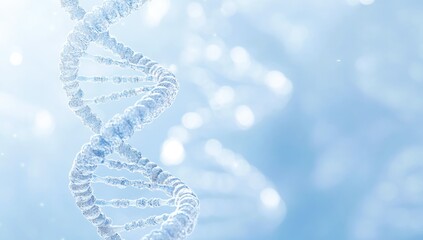 A bright particulate 3D rendered DNA on a blue bokeh background.