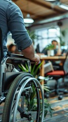 Obraz premium A man in a wheelchair looking at a group of people. AI.