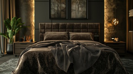 Luxury Bedroom Interior Design with Dark Brown Bed and Nightstands