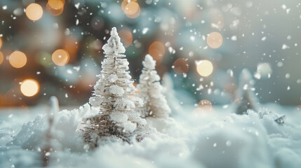 Christmas decor. Snow covered Christmas trees. Snow, snowfall. Defocused blurred background, bokeh. Copyspace.