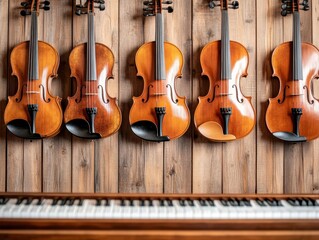 Fototapeta premium A stunning arrangement of violins displayed on a wooden wall, showcasing fine craftsmanship and musical elegance.