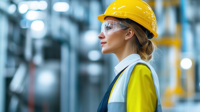 A female engineer in a safety helmet and goggles, showcasing professionalism in an industrial environment.