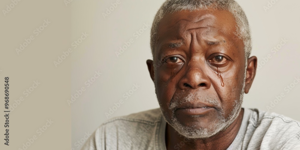 Canvas Prints An elderly man crying with tears running down his face. AI.