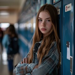 A young girl stands with her arms crossed, leaning against a locker. AI.