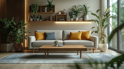 Modern Living Room Interior Design with Sofa  Plants  and Wooden Coffee Table