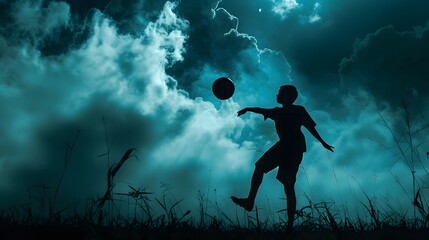 silhouette of a child playing football