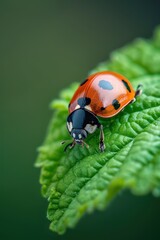 Fototapeta premium A vibrant ladybug perched on a fresh green leaf, showcasing its striking red body and unique black spots in a natural setting.