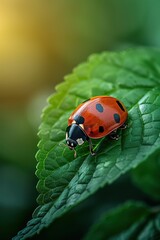 Obraz premium A vibrant ladybug resting on a green leaf, showcasing its striking red color and black spots in a serene natural setting.