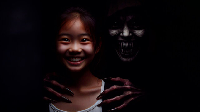 A young girl behind her, shrouded in an advancing living blackness, sharp ends reaching out to her. In the darkness behind, barely discernible, a face with a wide, unnatural evil grin