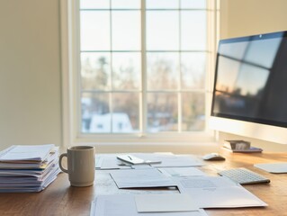 A tranquil workspace featuring papers, a coffee cup, and a computer bathed in natural light from a window.