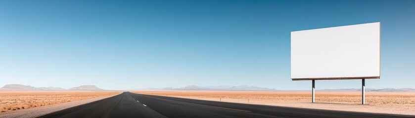 Obraz premium A vacant billboard stands along an empty road in a vast, open landscape under a clear blue sky.