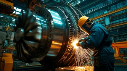 A worker welds a large turbine component in an industrial setting, creating sparks.