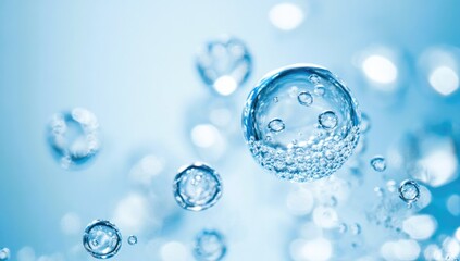 Effervescent fizz and clean cosmetics hygiene or rejuvenate renewable energy. Studio shot of transparent cosmetic blue gas bubbles under water in full-frame macro close up with selective focus blur.