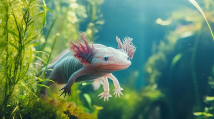 An axolotl swimming in a vibrant underwater environment with aquatic plants.
