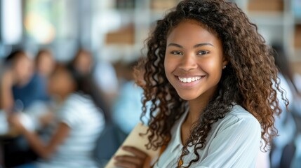 Obraz premium A young woman smiles brightly. AI.