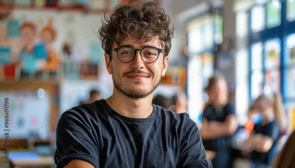 Poster A young man with curly hair and glasses smiles for the camera. AI.