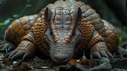 Naklejka premium A close-up image of an ancient alligator with a textured body and a long snout,