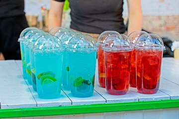 colored cool summer drinks outside. Outdoor cafe