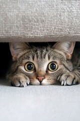 A cat hiding under a couch with its claws at the ready, displaying fearful behavior. 