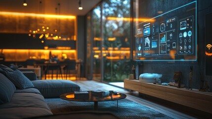 Smart Home Interior Design with Futuristic Technology Interface