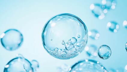 Effervescent fizz and clean cosmetics hygiene or rejuvenate renewable energy. Studio shot of transparent cosmetic blue gas bubbles under water in full-frame macro close up with selective focus blur.