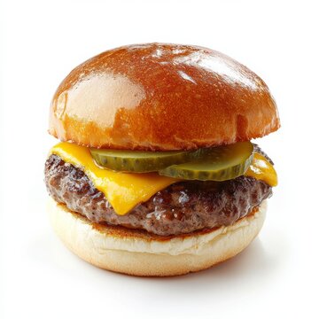 Small slider hamburger with pickle slice isolated on white background
