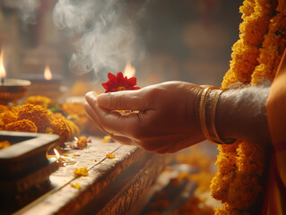 A hand holding marigold flowers during a ritual in Pitru Paksha.