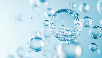 Effervescent fizz and clean cosmetics hygiene or rejuvenate renewable energy. Studio shot of transparent cosmetic blue gas bubbles under water in full-frame macro close up with selective focus blur.