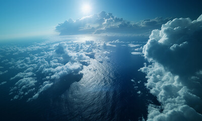 Naklejka premium Majestic clouds and ocean scenery with sunlight reflecting off them 雲と太陽光が反射する海の風景
