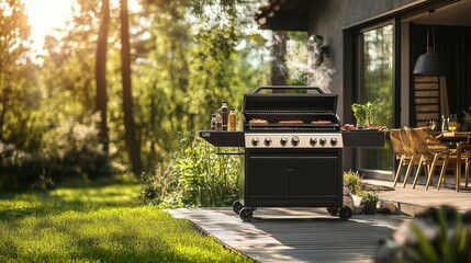 Backyard BBQ Grill with Smoke and Food