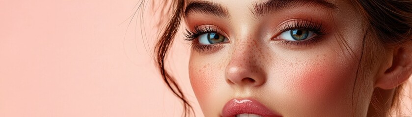 Fototapeta premium Flawless makeup application, high-quality stock image, elegant and radiant look digital background with copy space