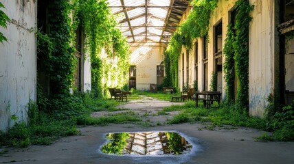 Obraz premium An abandoned building hall overgrown with greenery, featuring a serene puddle reflecting the sunlight and surroundings.