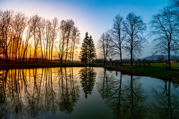 As dusk settles, silhouettes of trees line the pond, their reflections dancing on the water's surface, creating a serene atmosphere with a colorful twilight sky.