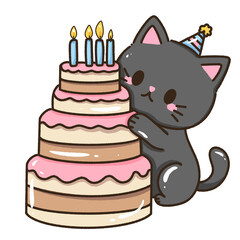A kawaii hand drawn illustration birthday greeting card invitation ready to print a black cat trying to eat a layered birthday cake with candles