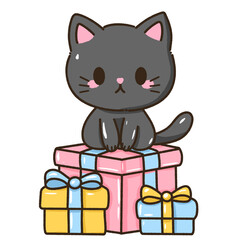 A kawaii hand drawn illustration birthday greeting card invitation ready to print a black cat sitting on top of a pink present box and yellow and blue boxes