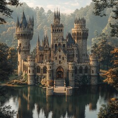 Obraz premium Majestic Stone Castle on a Tranquil Lake in a Misty Forest