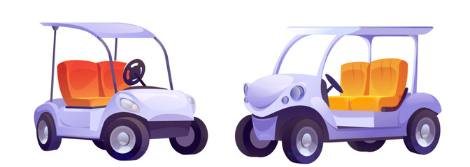 Golf cart for driving on course during training and tournament. Open electric energy buggy for golfer transfer. Cartoon vector illustration set of outdoor sport electricity automobile equipment.