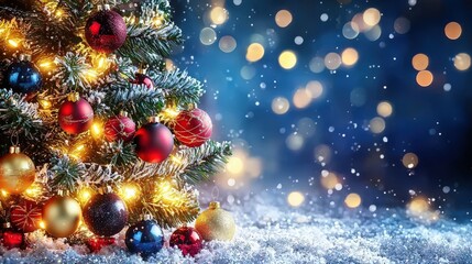 Glistening Christmas tree with exquisite baubles, blurred and glowing lights, holiday magic captured, high-resolution festive photo