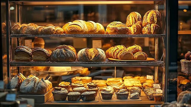 Bakery and Pastry Shop Interior with Fresh Dessert Display and Tempting Treats