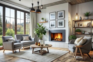 Scandinavian interior design of modern living room, home with fireplace and big poster frame