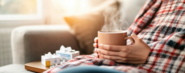 Cozy morning scene with a person wrapped in a blanket, enjoying a warm drink by the window during a relaxed moment.