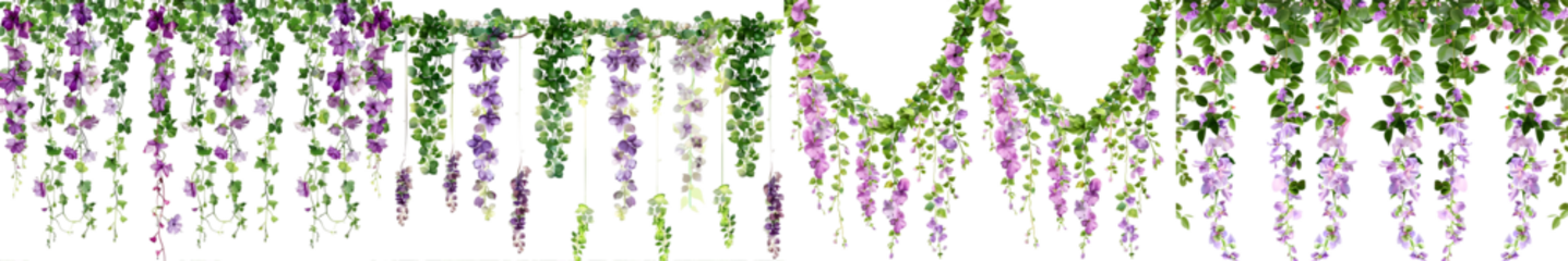 illustration of hanging garlands of beautiful blossoms, romantic style, purple and green colors isolated on white background. Generative AI.