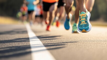 Fototapeta premium Dynamic close-up of running shoes on a track, showcasing speed and athleticism during a lively race or fitness event.