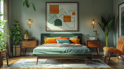 A chic mid-century bedroom with a green velvet bed, wooden side tables, geometric wall art, and brass hanging pendant lights. 